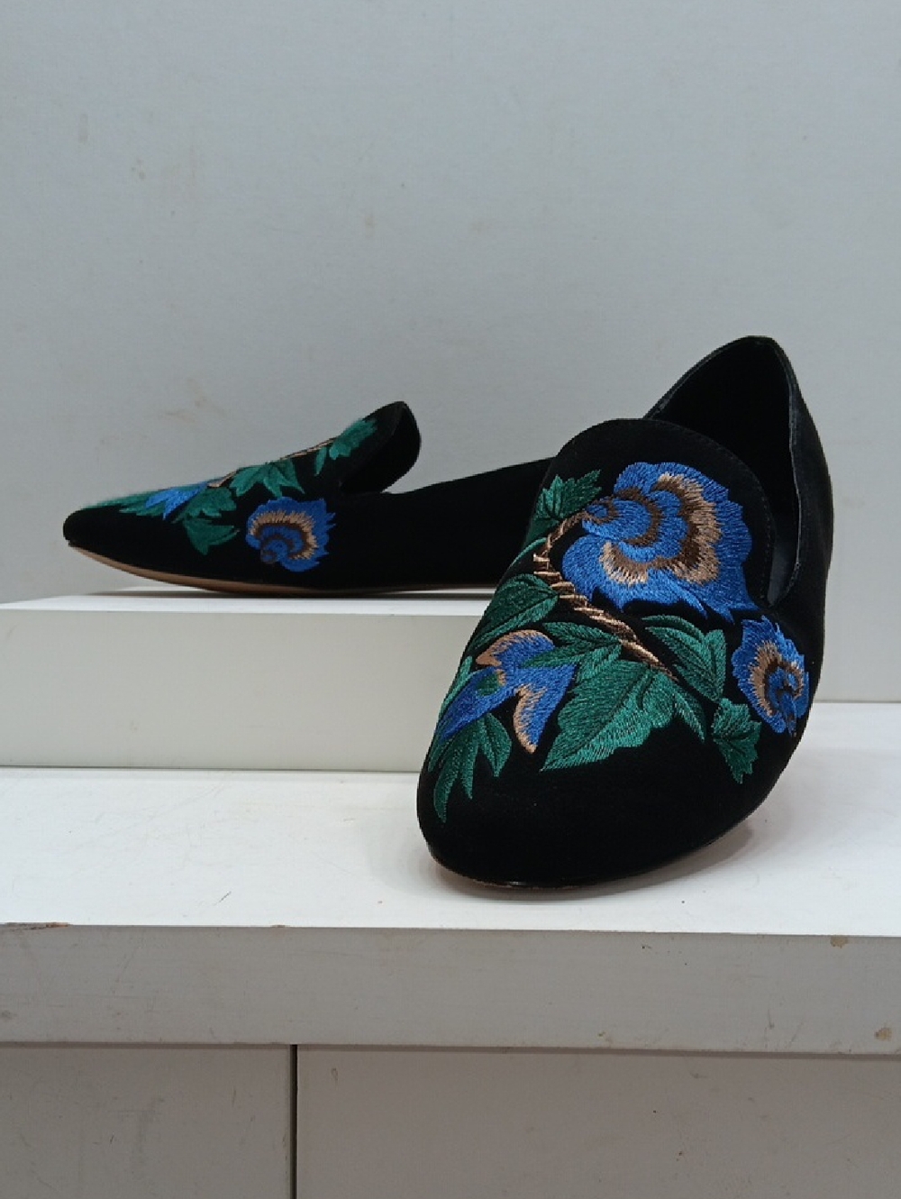 Chico's Black Velvet Flats with Blue and Green Floral Embroidery Size 7M